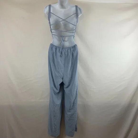 Halara Strappy Backless Jumpsuit S Light Blue Elastic Waist Wide Leg New NWT - Picture 7 of 13